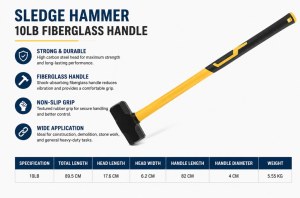 10LB Long Handle Octagonal Sledge Hammer – Heavy-Duty Industrial Striking Tool